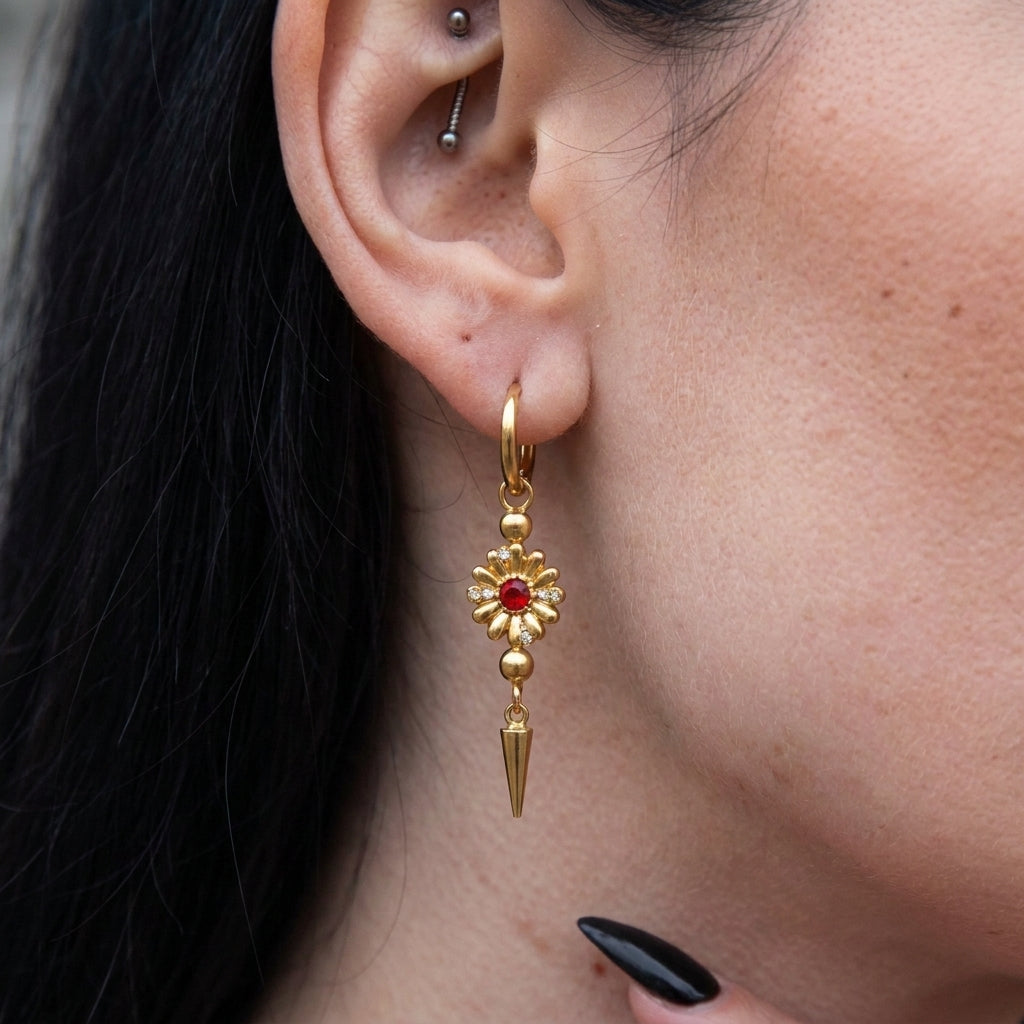 Gold Blood Red Crystal Daisy Spike Drop Hoop Earrings