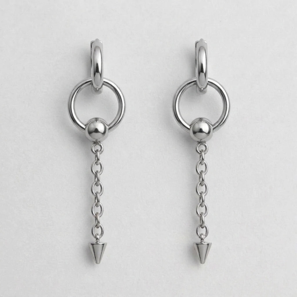 Captive Bead Ring Chain Spike Drop Earrings
