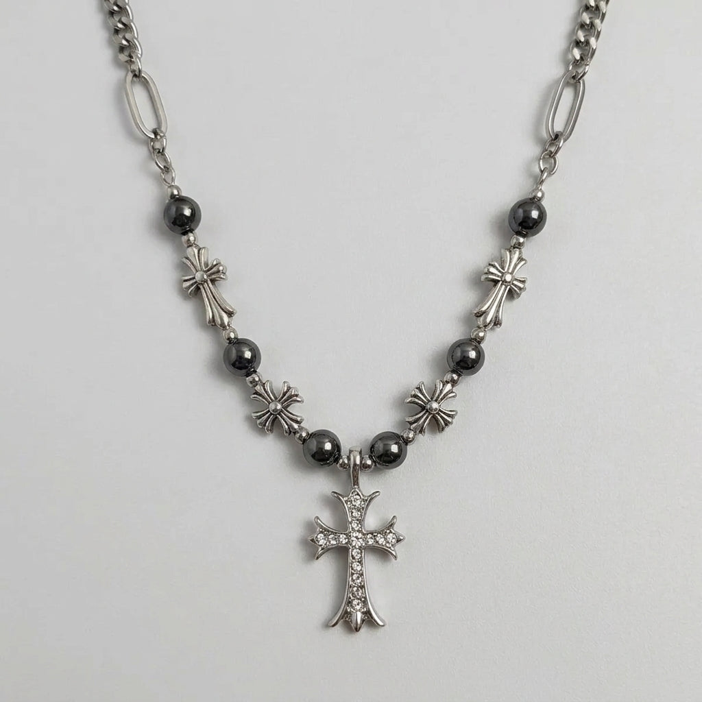 Crystal Cross & Cross Bead Figaro Necklace