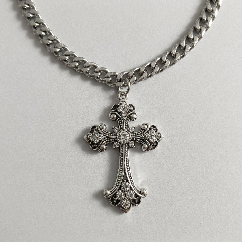 Crystal Filigree Gothic Cross Curb Chain Necklace