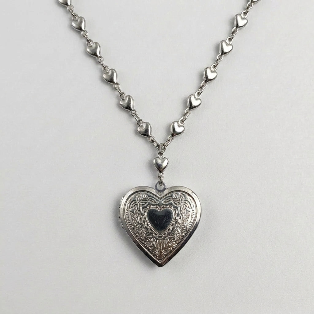 Engraved Floral Heart Locket Chain Necklace