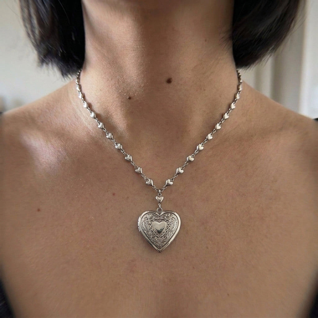 Engraved Floral Heart Locket Chain Necklace