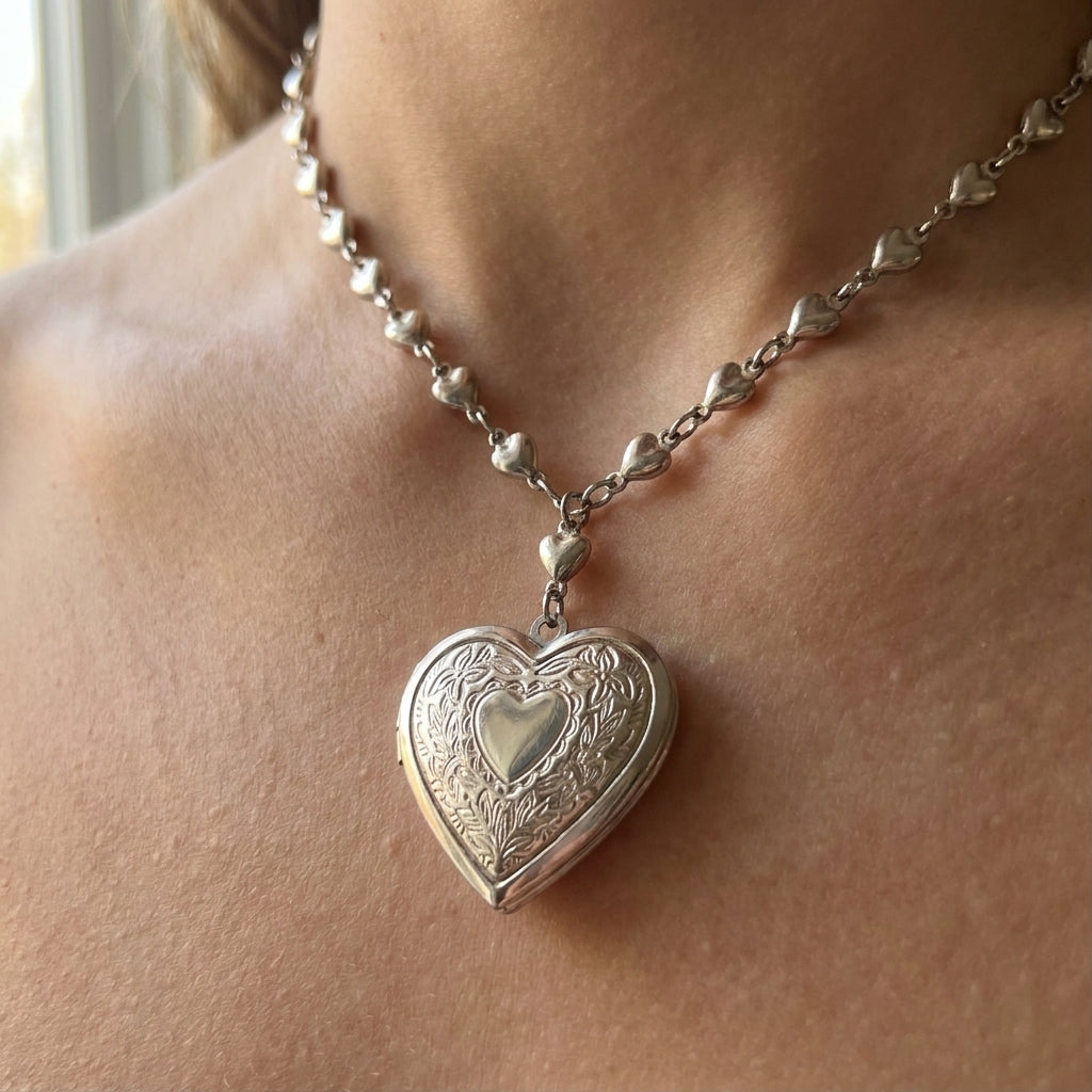 Engraved Floral Heart Locket Chain Necklace