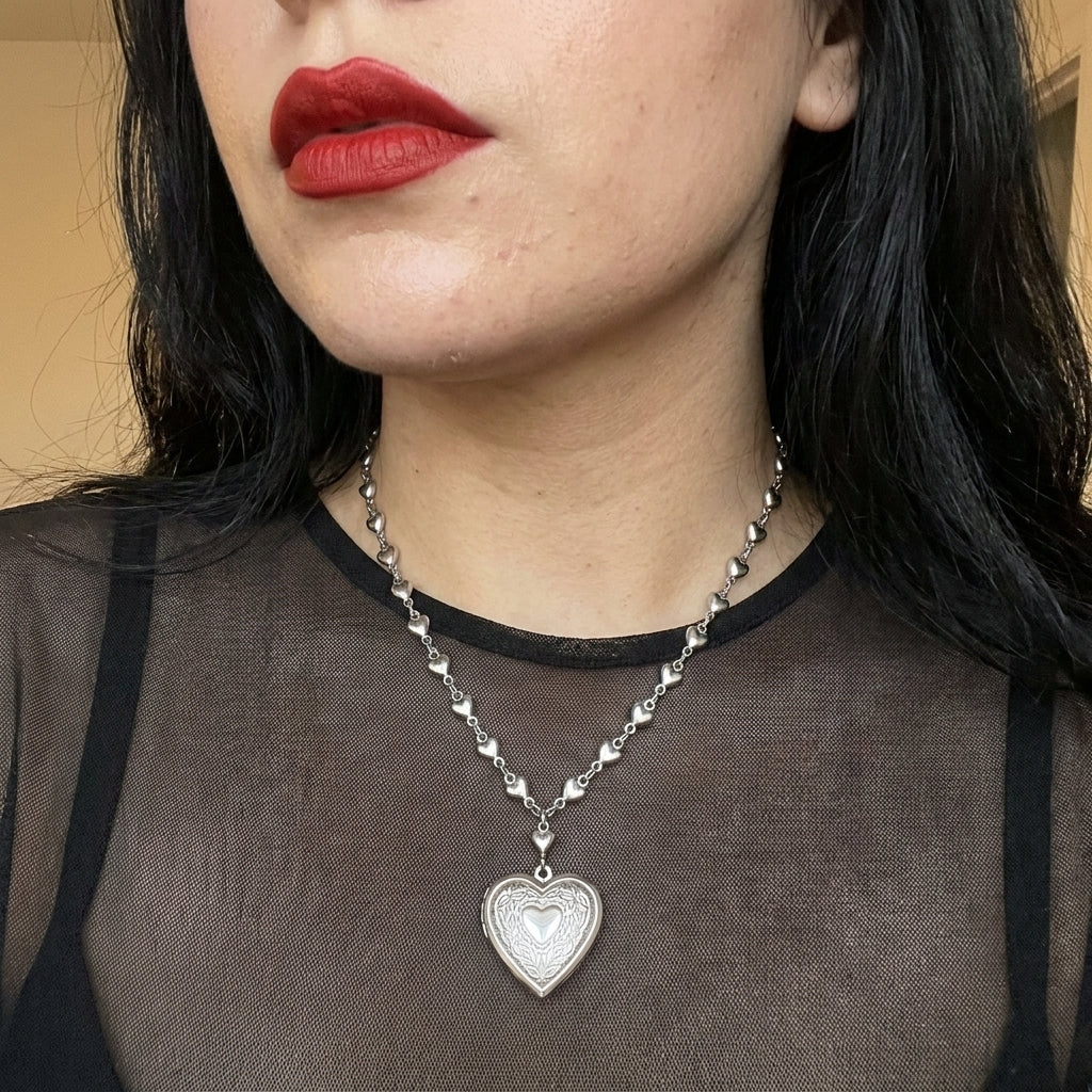 Engraved Floral Heart Locket Chain Necklace