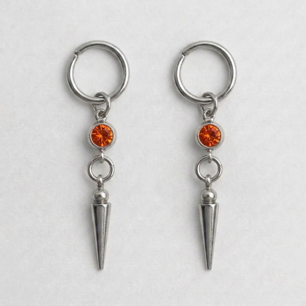 Fire Orange Crystal Bezel Spike Drop Hoop Earrings