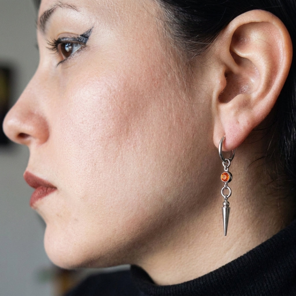 Fire Orange Crystal Bezel Spike Drop Hoop Earrings