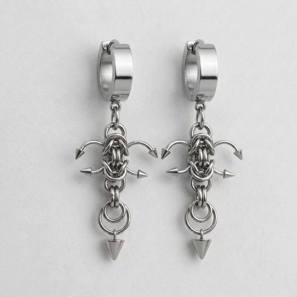 Four Spike Chainmail Cross Huggie Earrings