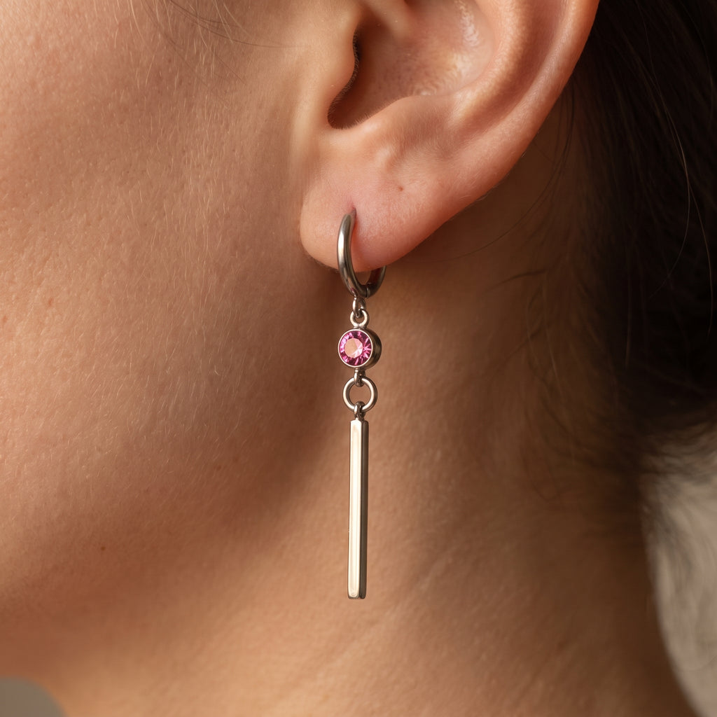 Fuchsia Pink Crystal Long Bar Drop Hoop Earrings