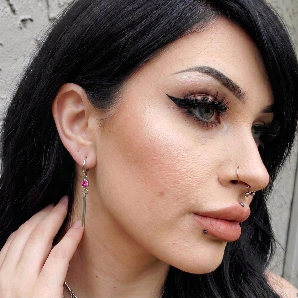 Fuchsia Pink Crystal Long Bar Drop Hoop Earrings