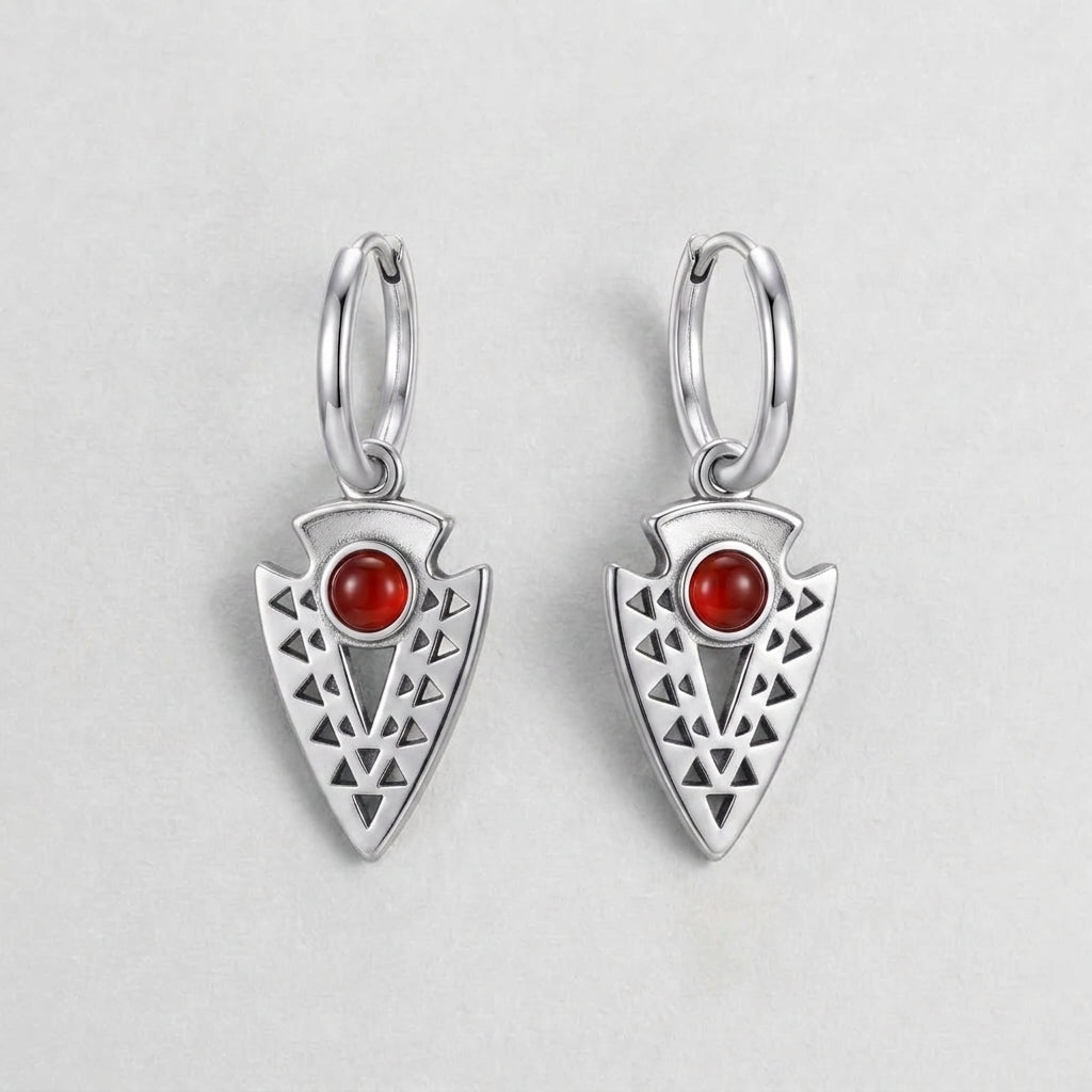Garnet Red Arrowhead Tribal Hoop Drop Earrings