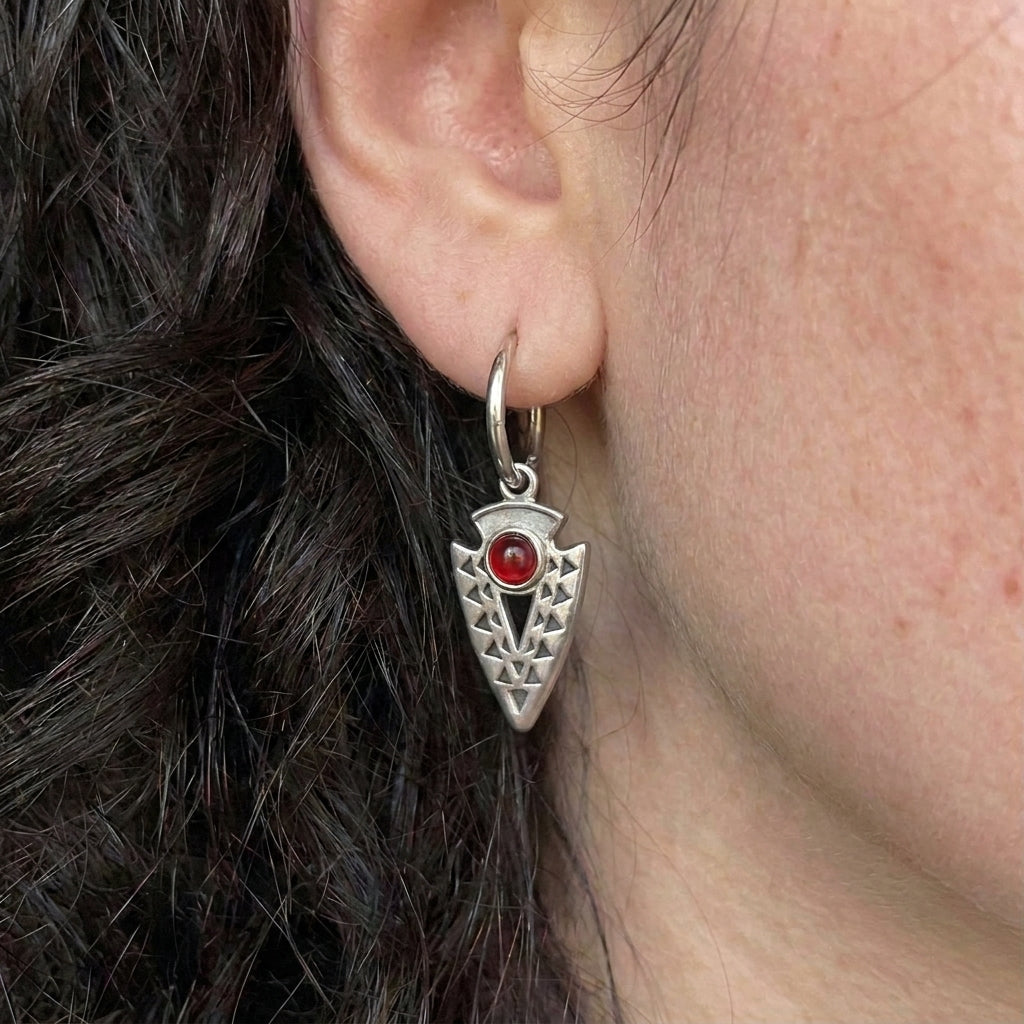 Garnet Red Arrowhead Tribal Hoop Drop Earrings