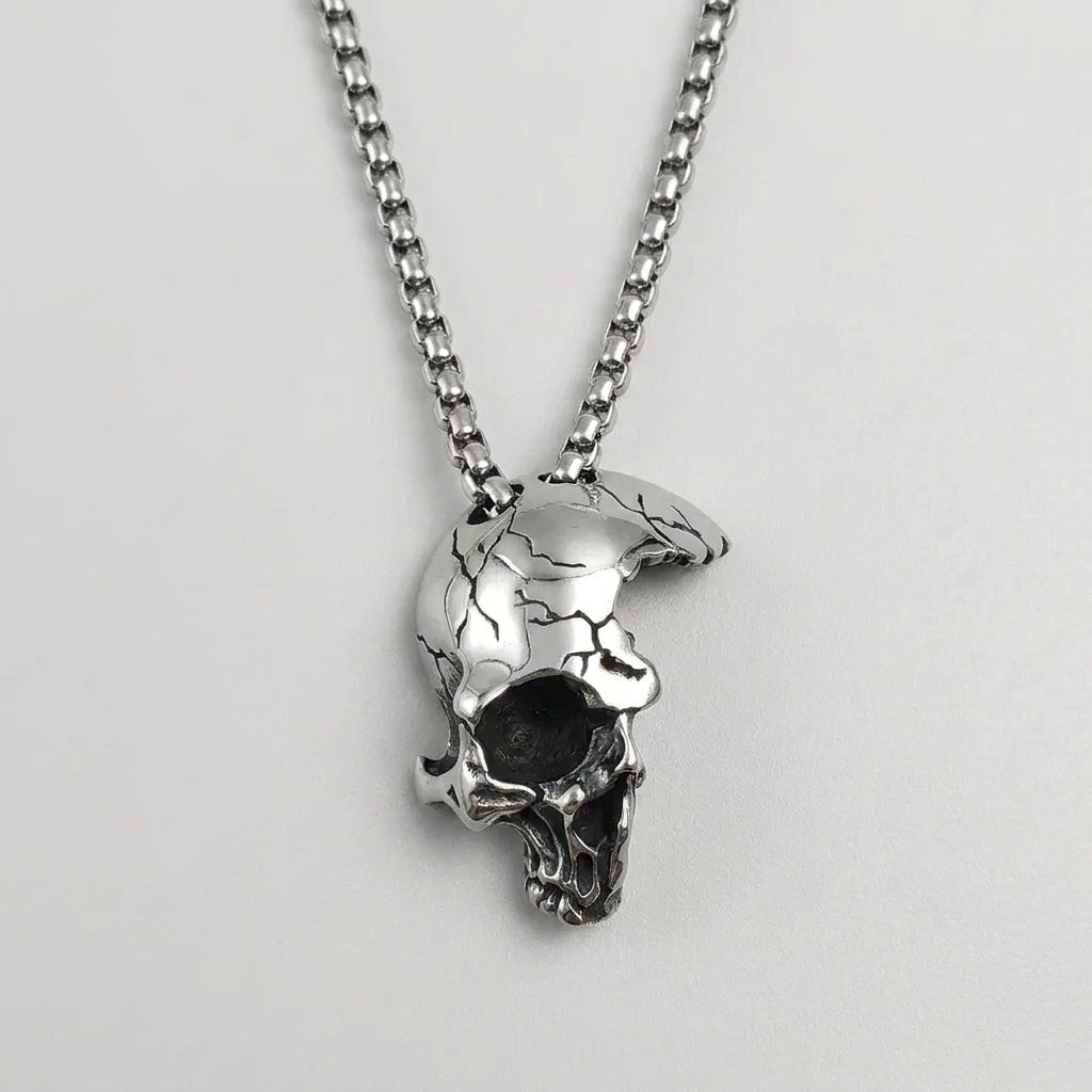 Cracked Moon Skull Pendant Necklace