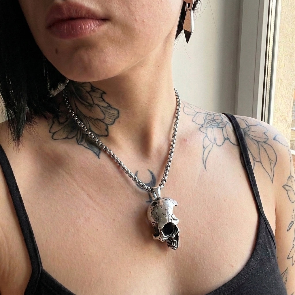 Cracked Moon Skull Pendant Necklace