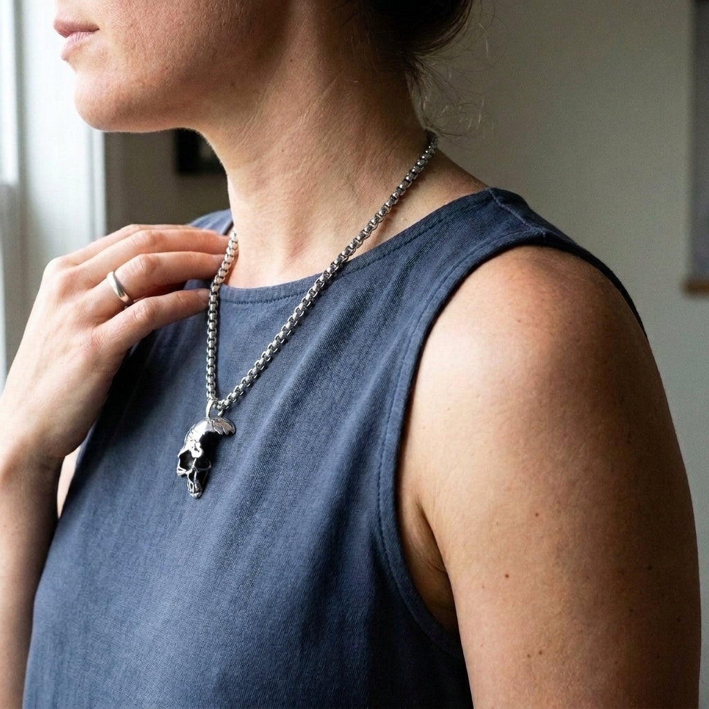 Cracked Moon Skull Pendant Necklace
