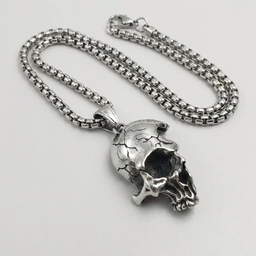 Cracked Moon Skull Pendant Necklace