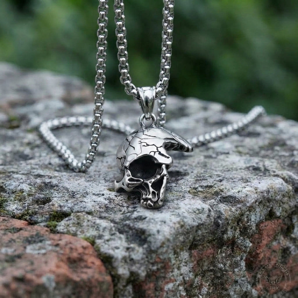 Cracked Moon Skull Pendant Necklace