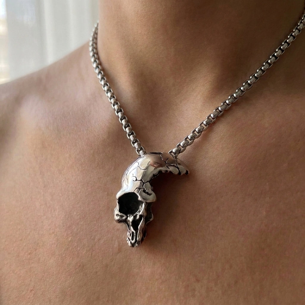 Cracked Moon Skull Pendant Necklace