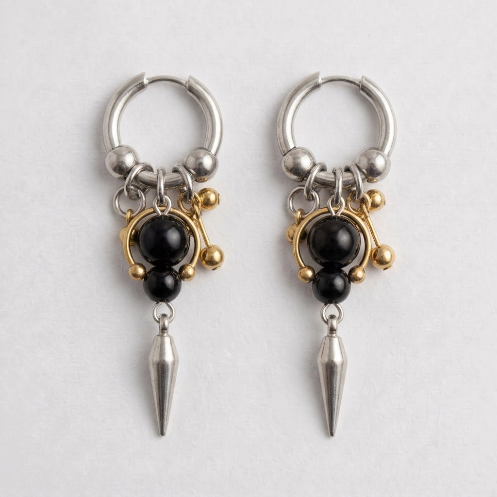 Onyx & Gold Bead Spike Earrings