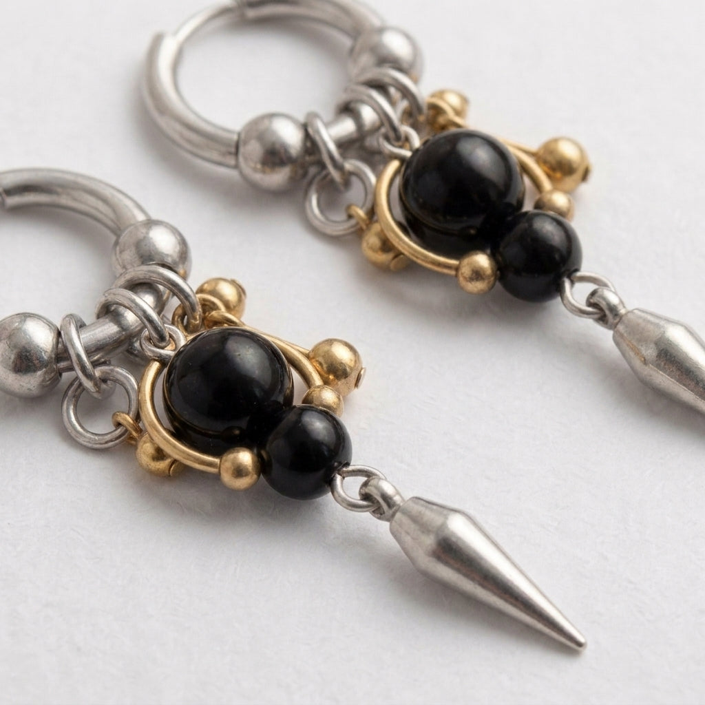 Onyx & Gold Bead Spike Earrings
