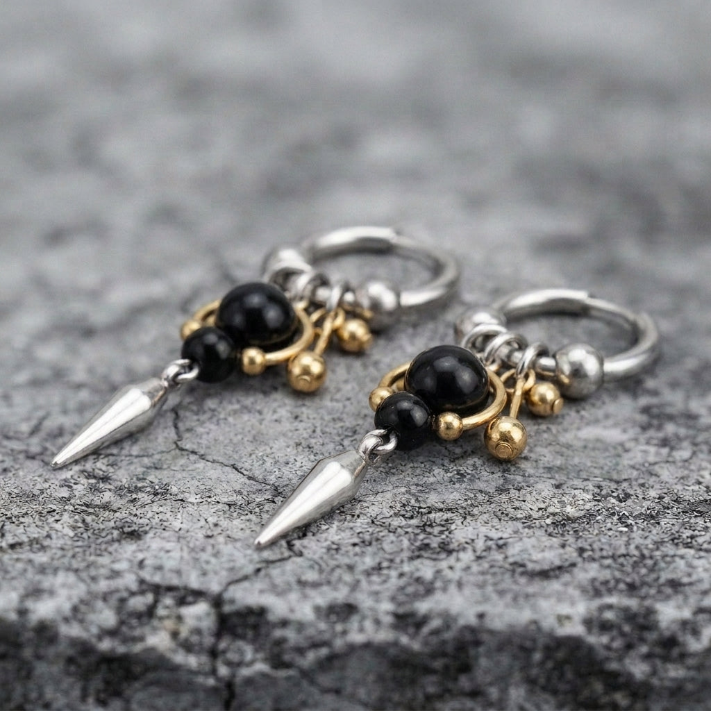 Onyx & Gold Bead Spike Earrings