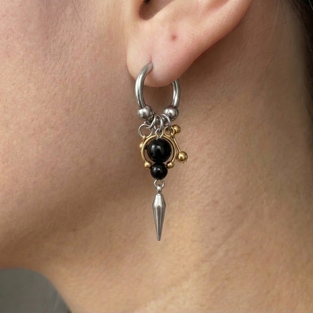 Onyx & Gold Bead Spike Earrings