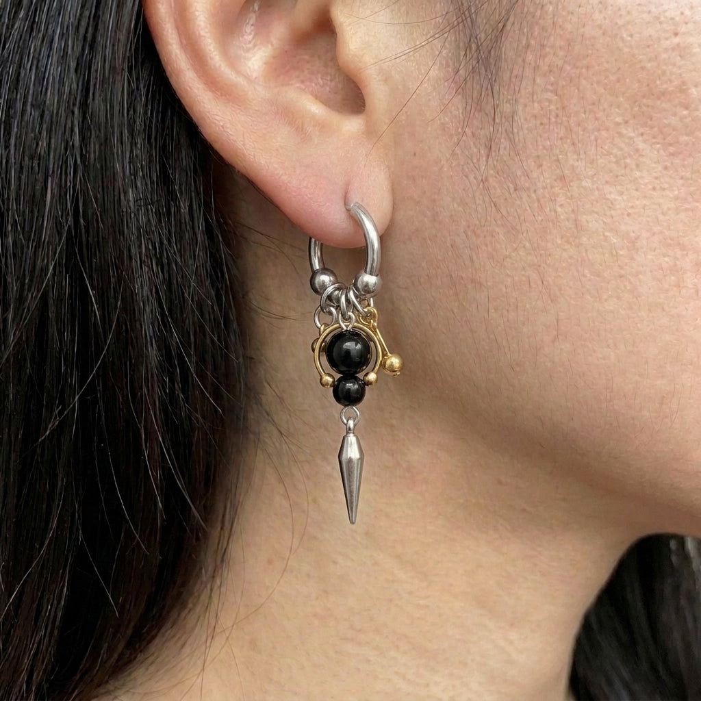 Onyx & Gold Bead Spike Earrings