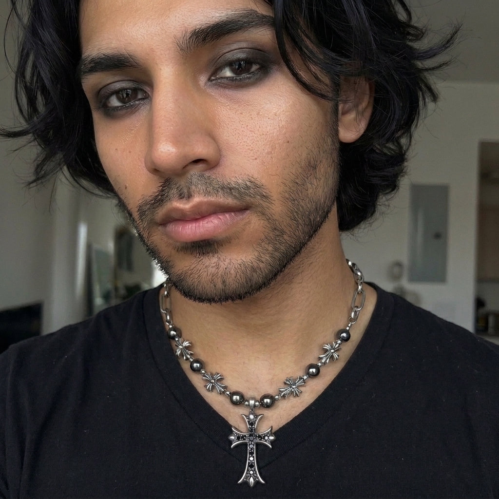 Black Crystal Cross & Hematite Bead Necklace