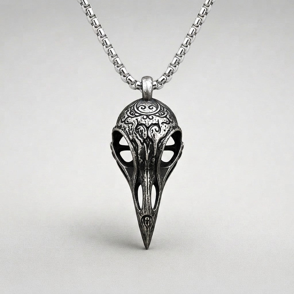Carved Raven Skull Necklace