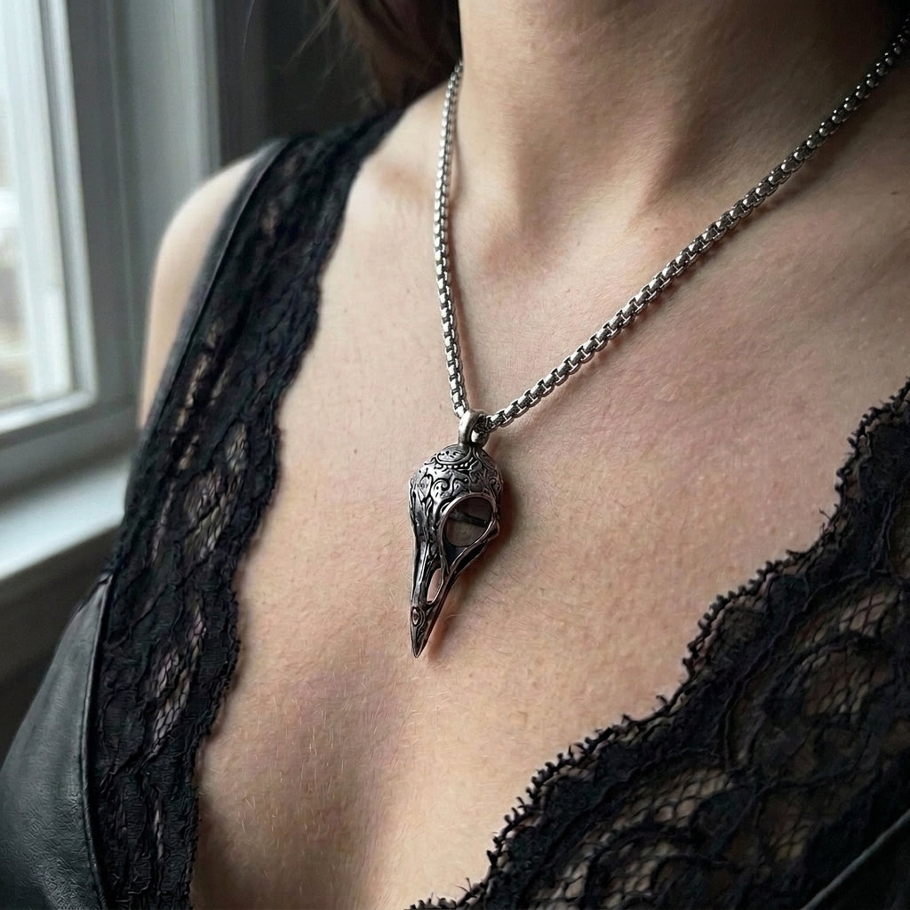 Carved Raven Skull Necklace