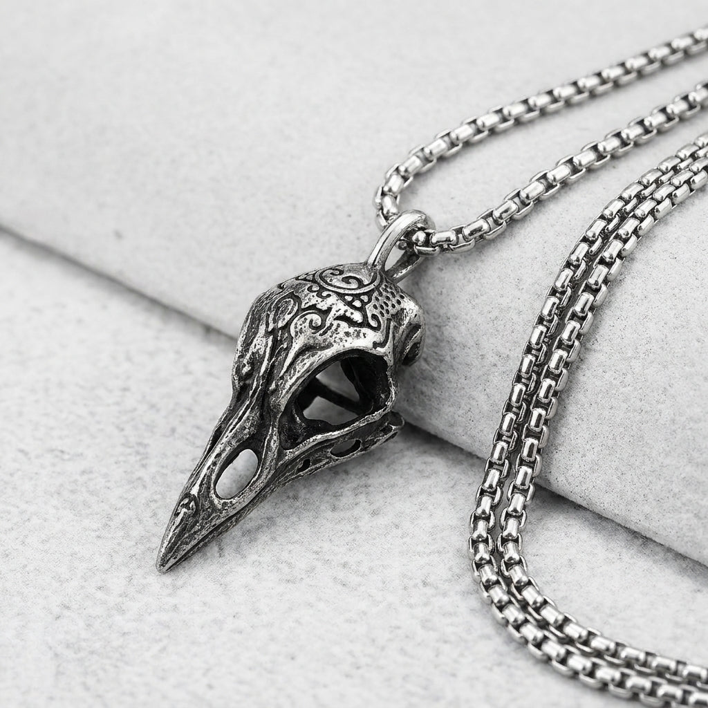 Carved Raven Skull Necklace