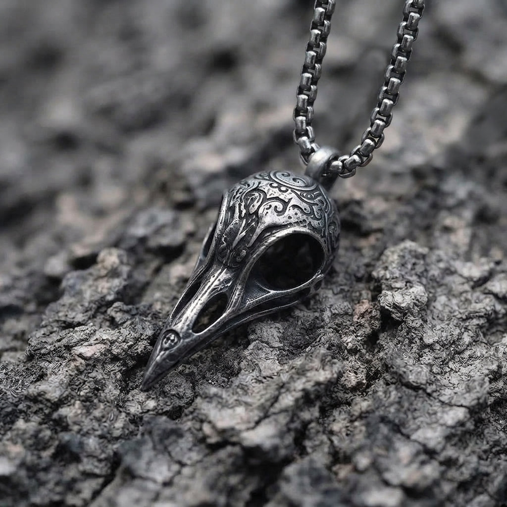 Carved Raven Skull Necklace