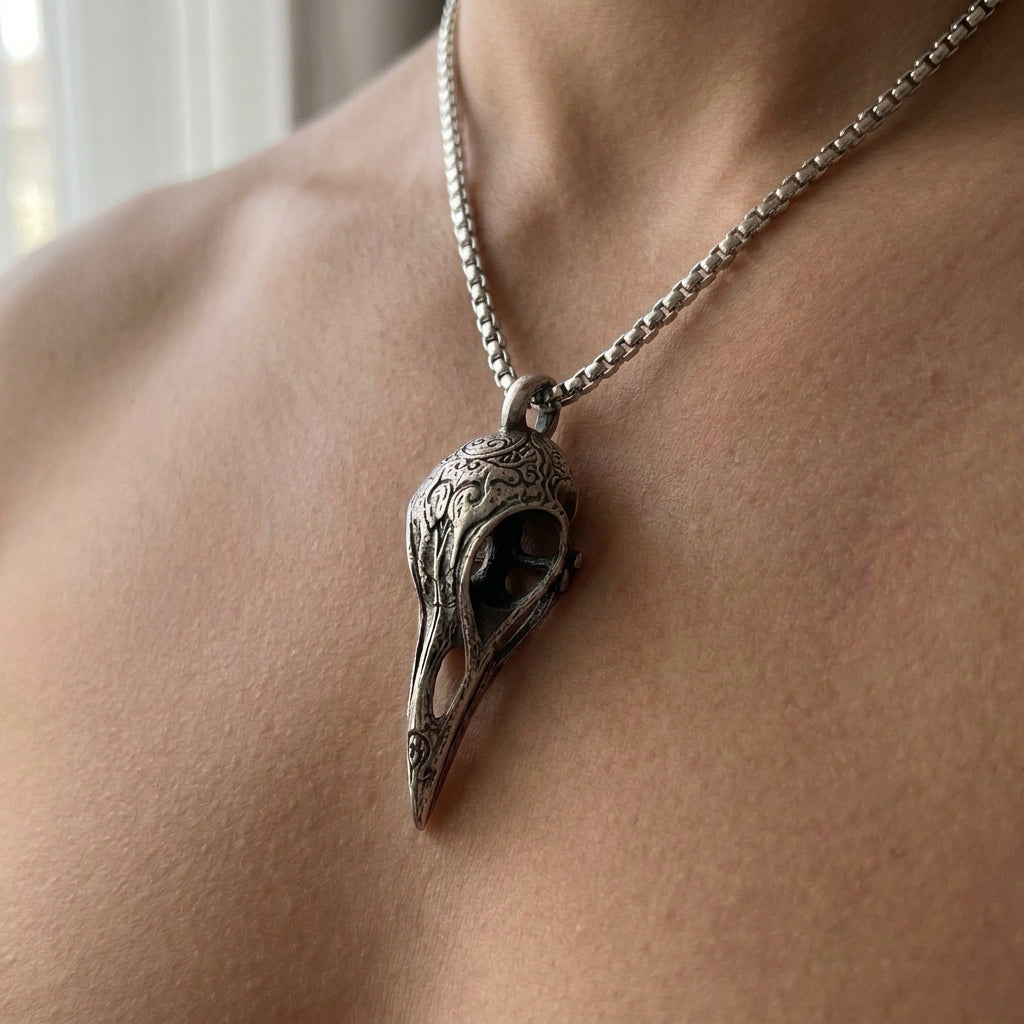 Carved Raven Skull Necklace