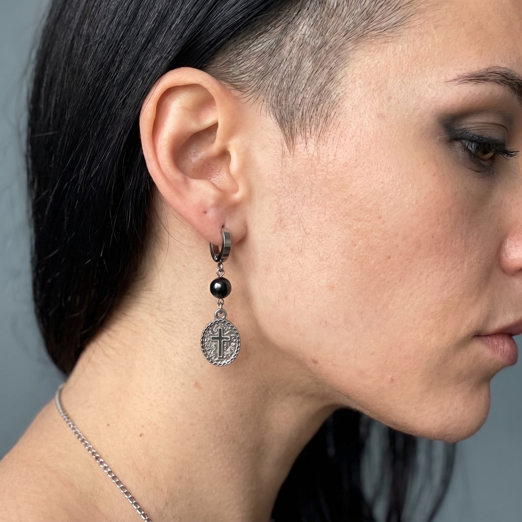 Cross Medallion Huggie Earrings