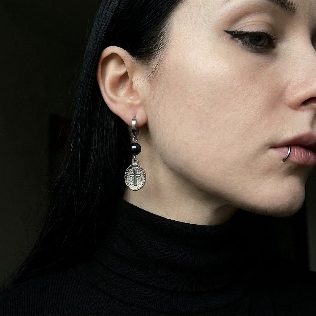 Cross Medallion Huggie Earrings