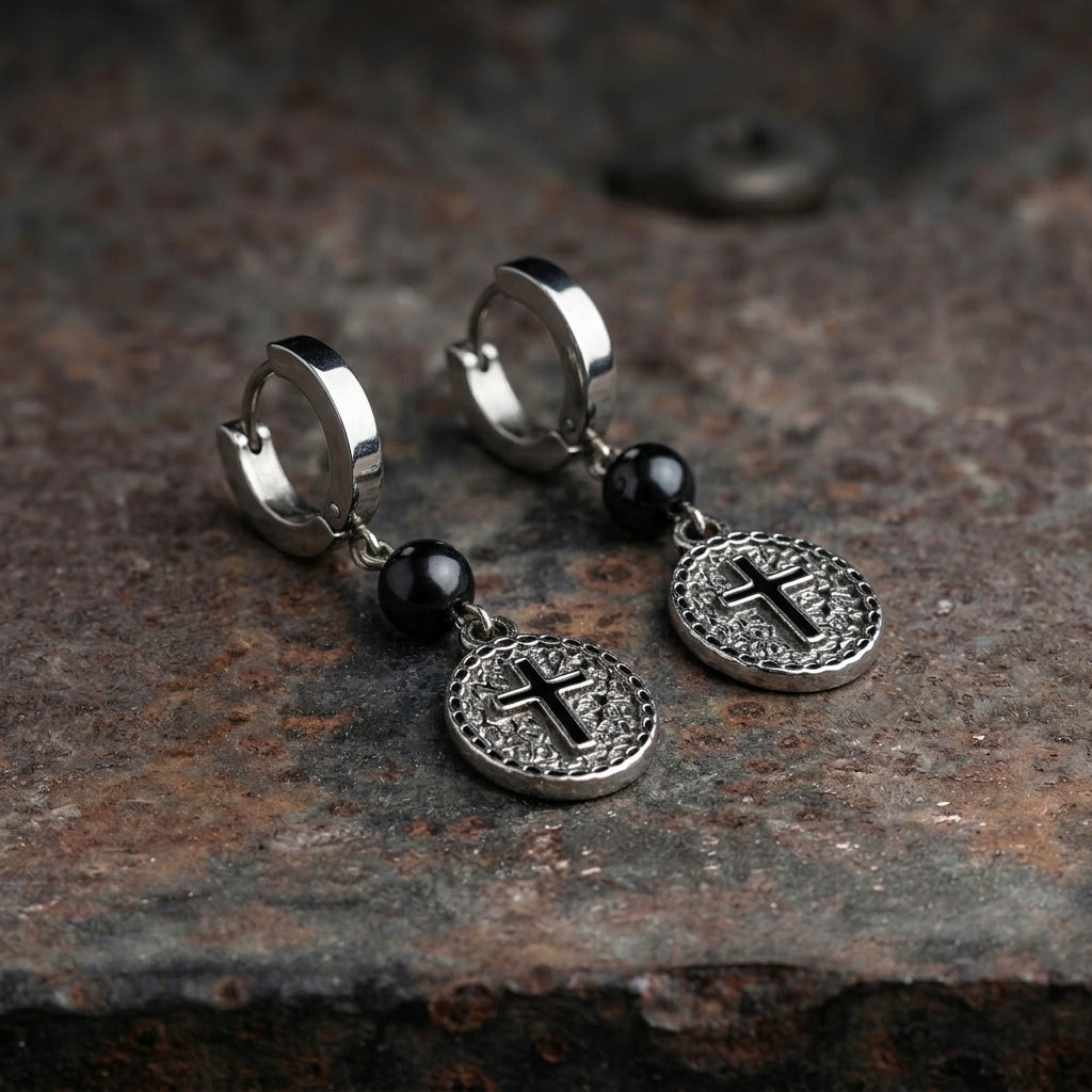 Cross Medallion Huggie Earrings