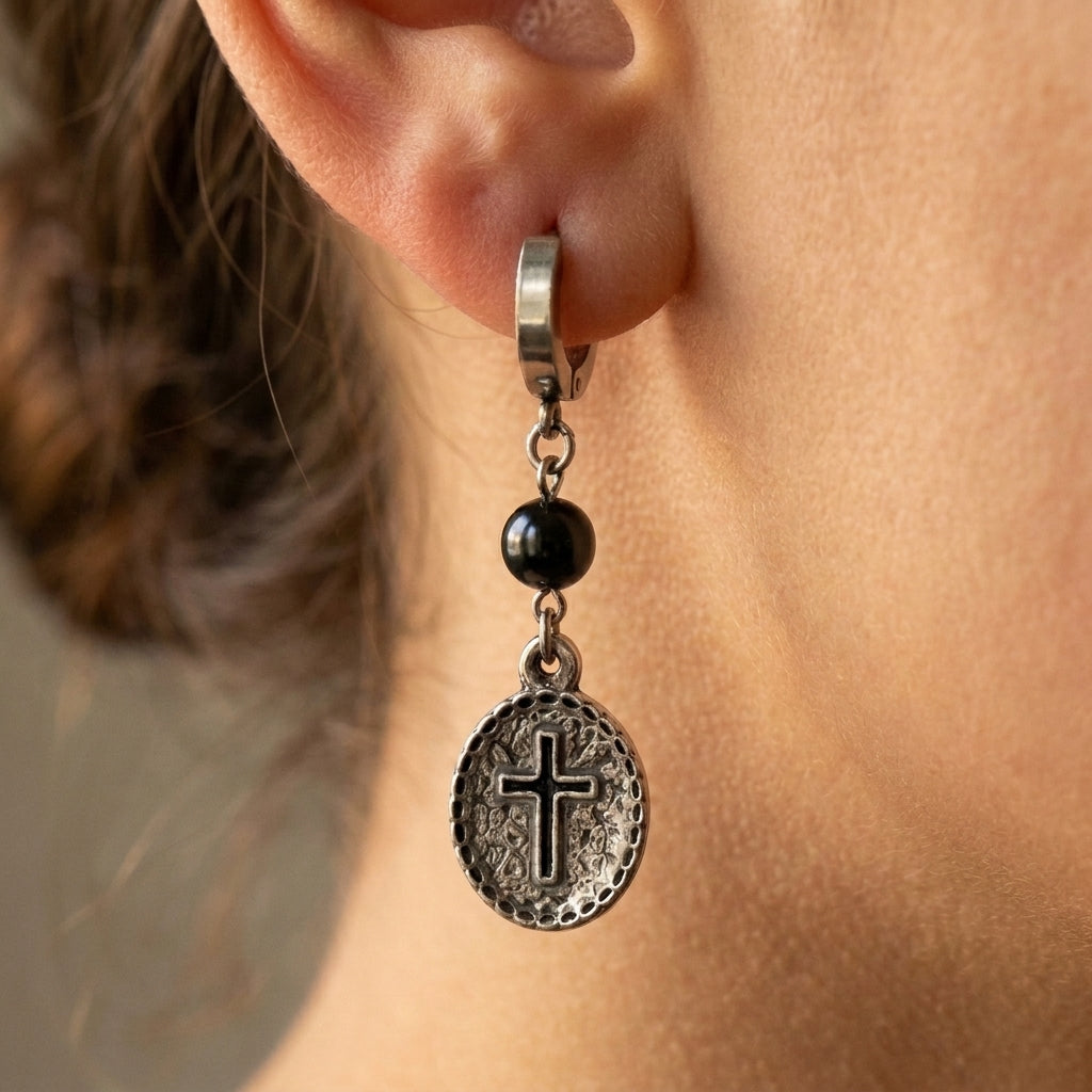 Cross Medallion Huggie Earrings