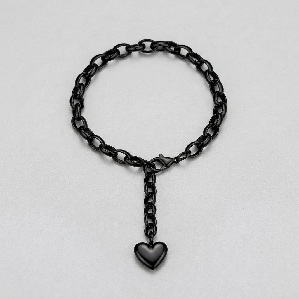 Black Heart Charm Cable Link Bracelet