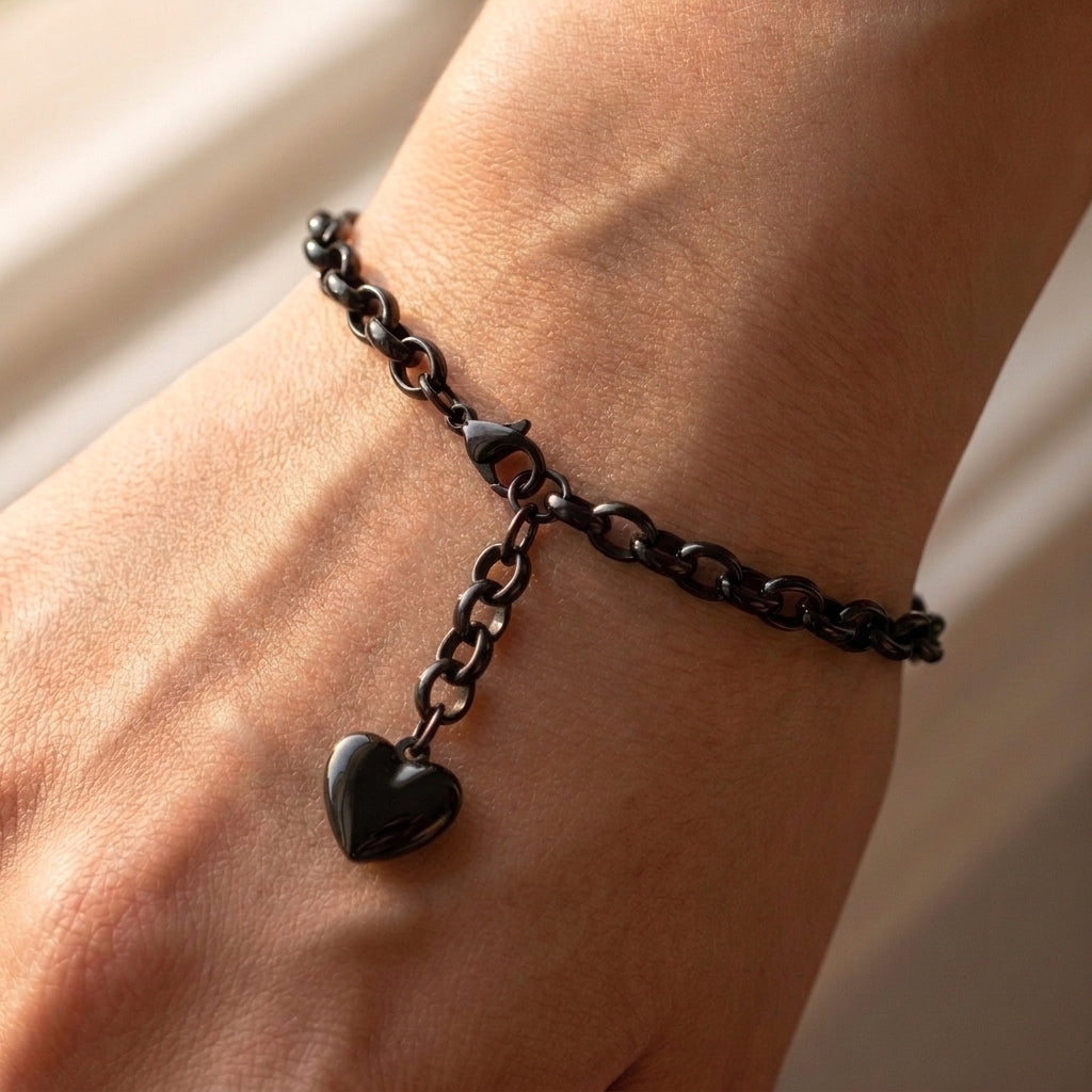Black Heart Charm Cable Link Bracelet