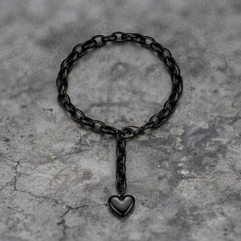 Black Heart Charm Cable Link Bracelet