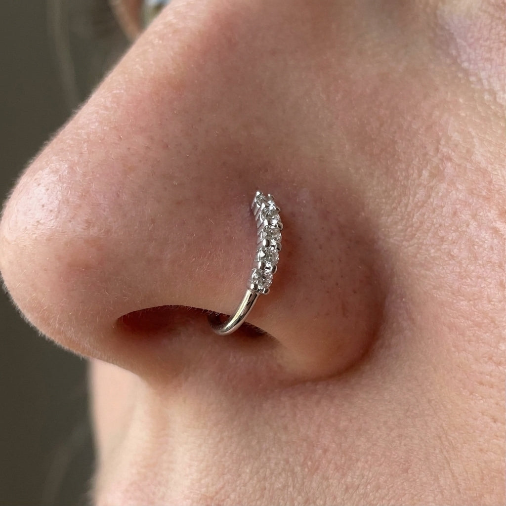 Five Crystal Open Band Nose Ring Silver