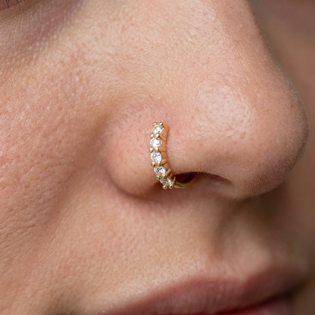 Five Crystal Open Band Nose Ring Gold