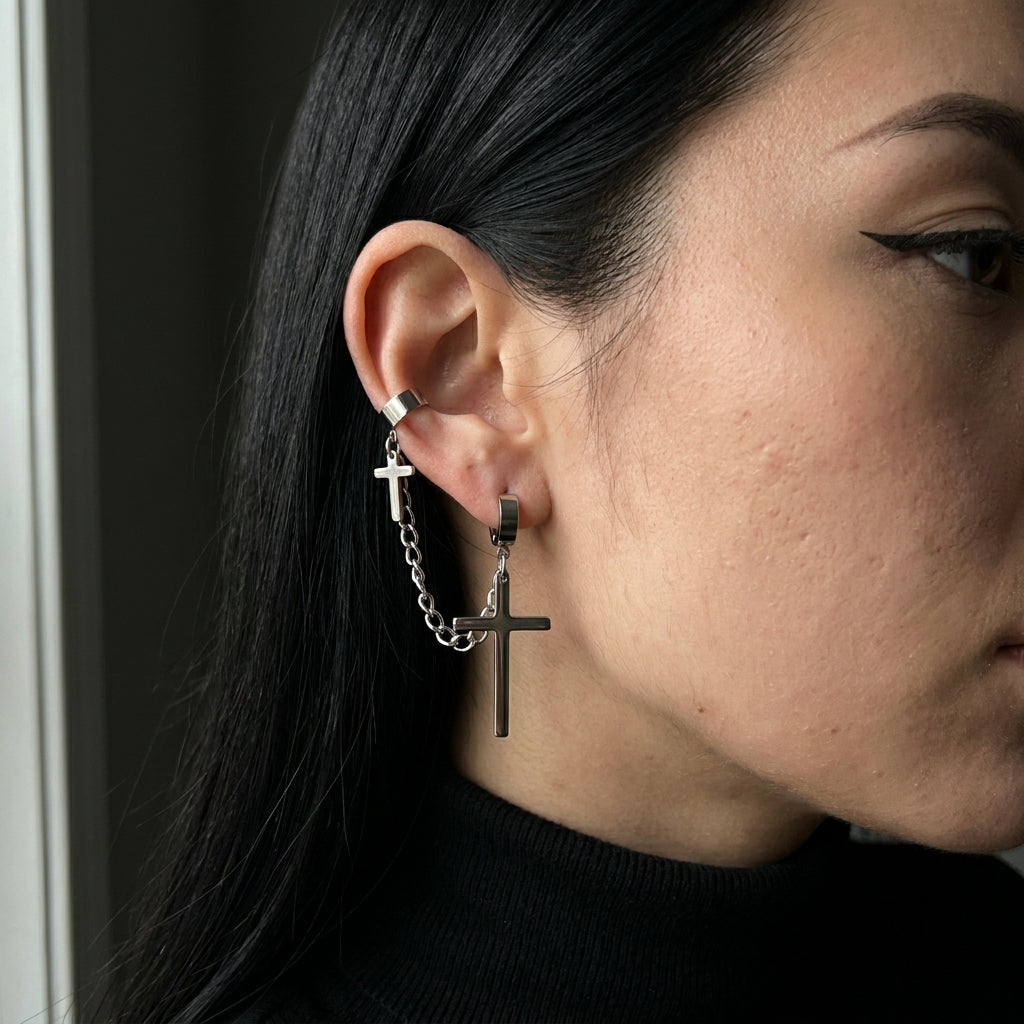 Black Double Cross Huggie & Cuff Earrings