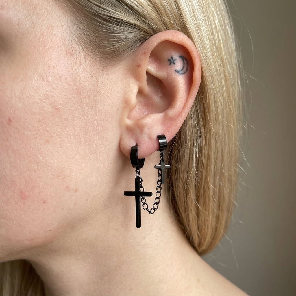 Black Double Cross Huggie & Cuff Earrings