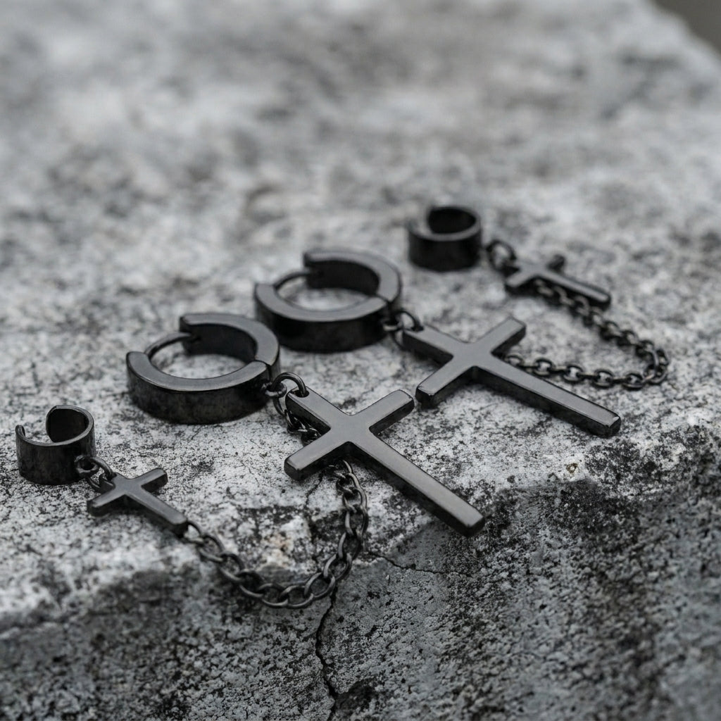 Black Double Cross Huggie & Cuff Earrings