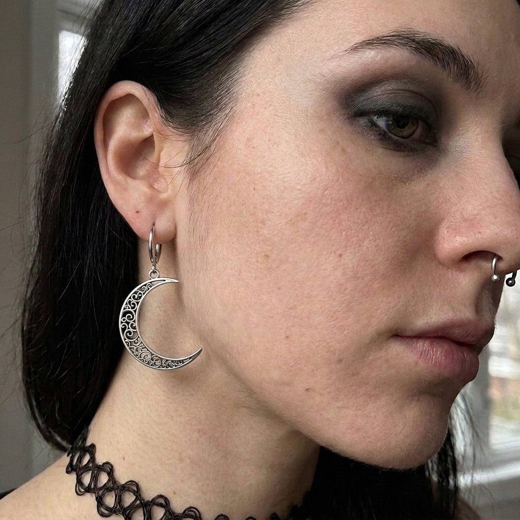 Pagan Crescent Moon Pentagram Earrings