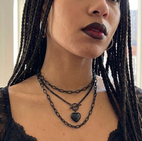 Black Heart Toggle Layered Chain Necklace