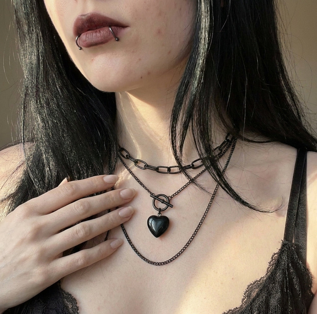 Black Heart Toggle Layered Chain Necklace
