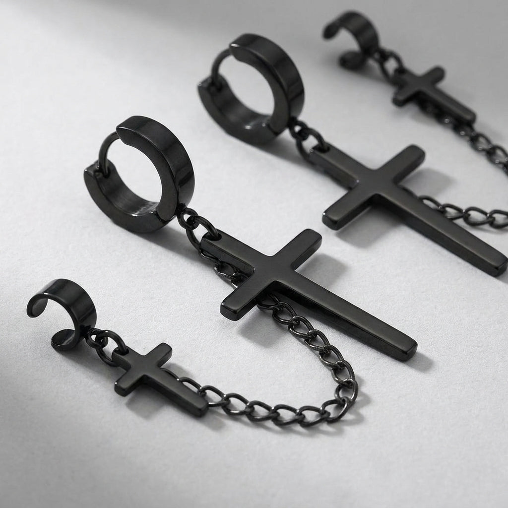 Black Double Cross Huggie & Cuff Earrings