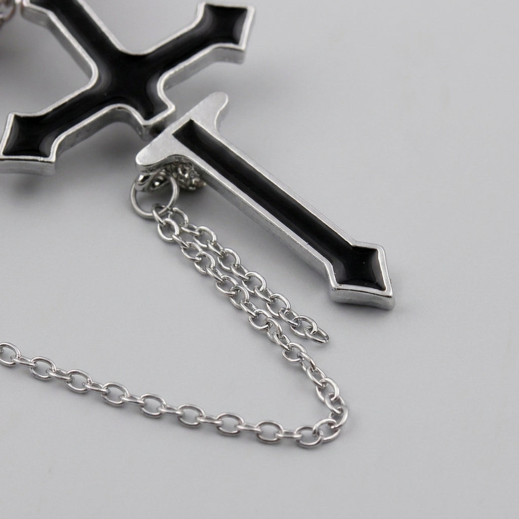 Black Enamel Cross & Dagger Chain Earring