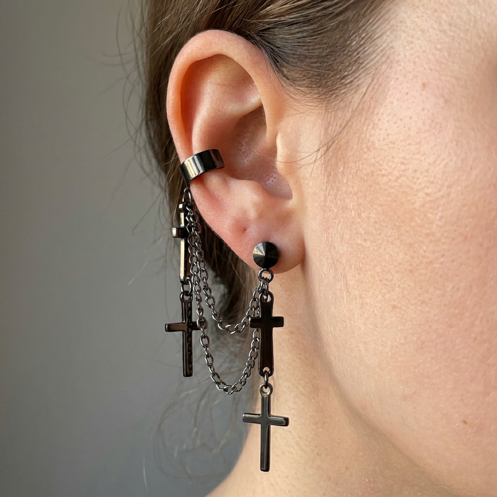Black Double Cross Huggie & Cuff Earrings